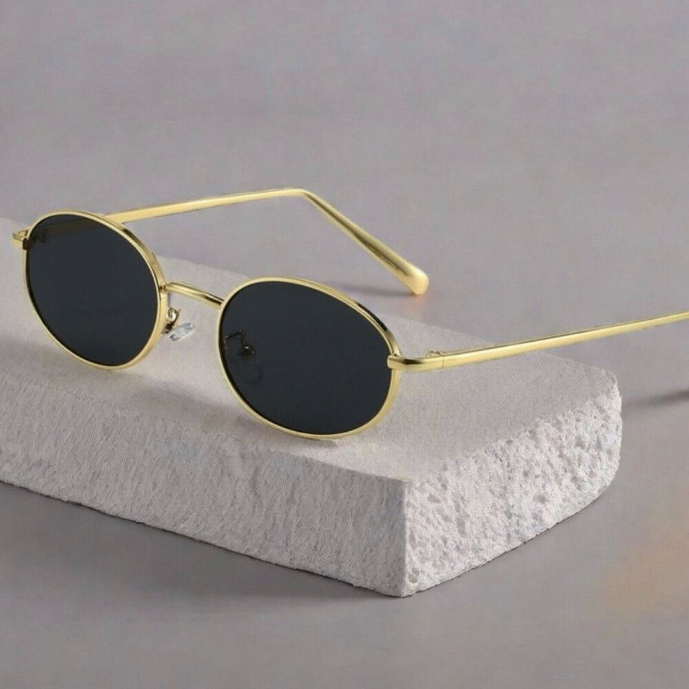 Gold Frame Retro Black Dark Tint Oval Stylish Fashion Mens 90's Round Sunglasses